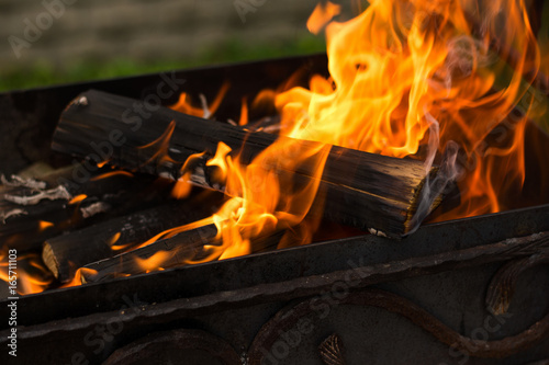 Burning wood bonfire in brazier outdoor. Preparation for cooking barbecue outside. Selective focus