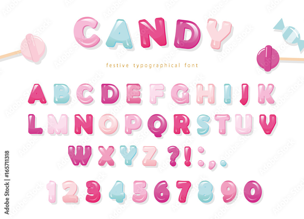 Candy glossy font design. Pastel pink and blue ABC letters and numbers