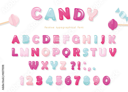 Candy glossy font design. Pastel pink and blue ABC letters and numbers. Sweets for girls.