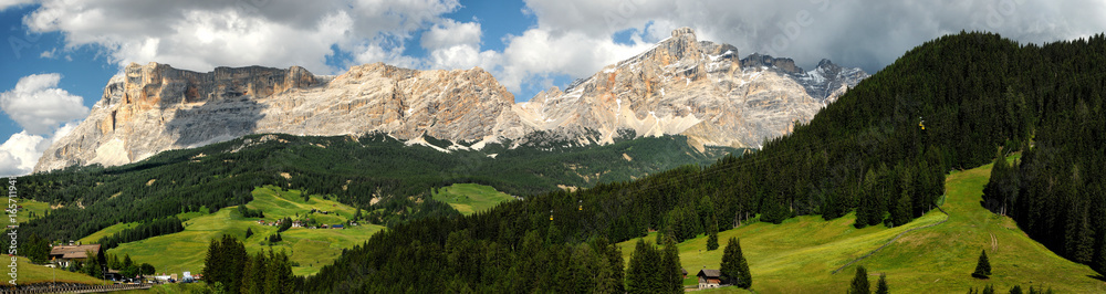 Beautiful view of Sasso della Croce Group in the Alta Badia Dolomites. Panorama landscape in Italy.