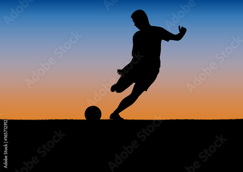 Football competition tournament  sunset background. poster with man playing game and ball