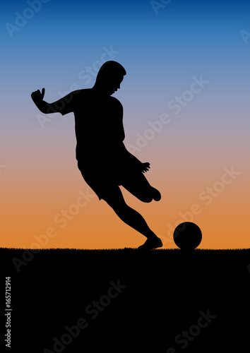 Football competition tournament, sunset background. poster with man playing game and ball