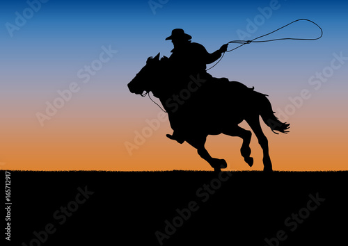 Rodeo competition tournament, sunset background. poster cowboy and lasso on the horse