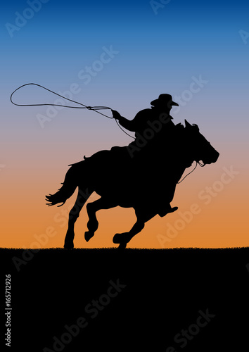 Rodeo competition tournament, sunset background. poster cowboy and lasso on the horse