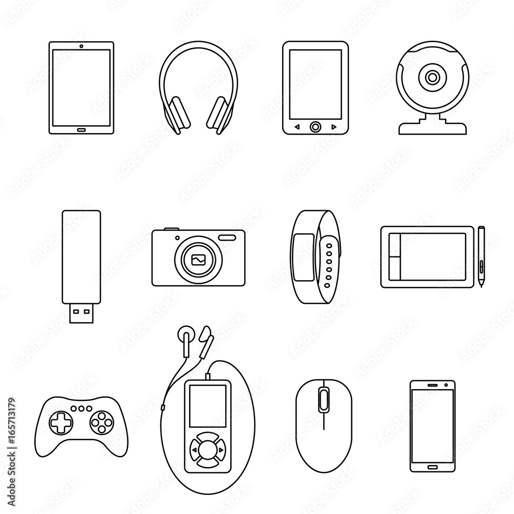 Set of Isolated black line electronic gadget, book reader, tablet, web  camera, smartphone, earphone, computer mouse, graphic pad, mp3 player,  bracelet on white background. Collection of outline icon. Stock Vector