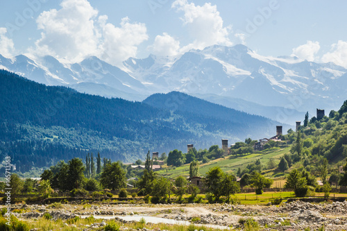 Svan towers in Mestia village in Caucasus mountains