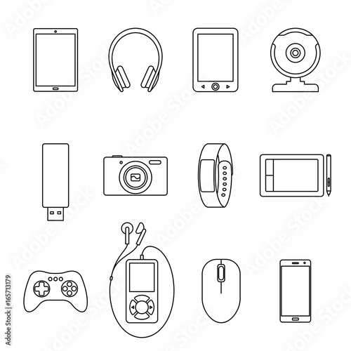 Set of Isolated black line electronic gadget, book reader, tablet, web camera, smartphone, earphone, computer mouse, graphic pad, mp3 player, bracelet on white background. Collection of outline icon.