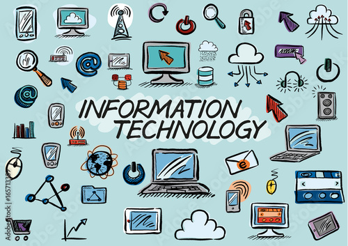 A set of hand drawn Information Technology related doodles in a loose, colorful style