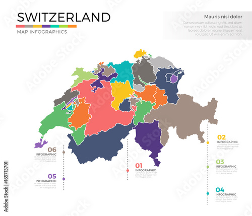 Switzerland country map infographic colored vector template with regions and pointer marks