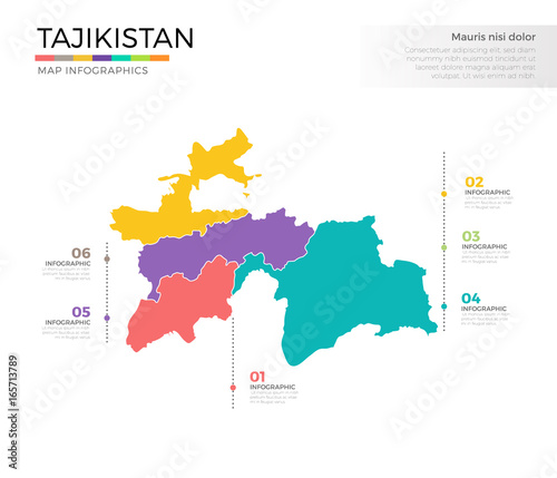 Tajikistan country map infographic colored vector template with regions and pointer marks