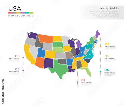 USA country map infographic colored vector template with regions and pointer marks