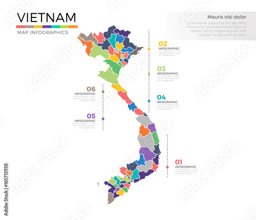 Vietnam country map infographic colored vector template VietnamZwith regions and pointer marks