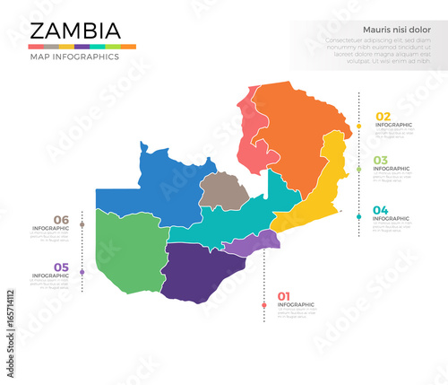 Zambia country map infographic colored vector template with regions and pointer marks