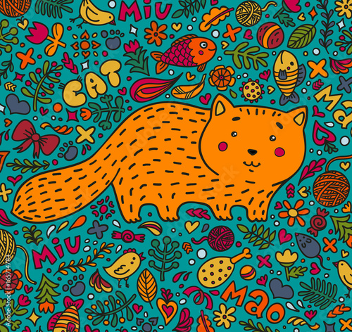 Hand-drawn illustration. A fat red cat surrounded by flowers, fish, toys and ...