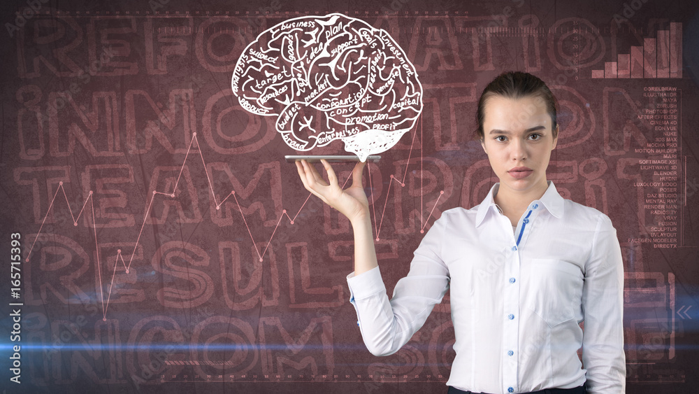 Beauty businesswoman on painted background with marketing words. Advertising, investment and business plan concept Beauty businesswoman on painted background with marketing words. Advertising, investment and business plan concept