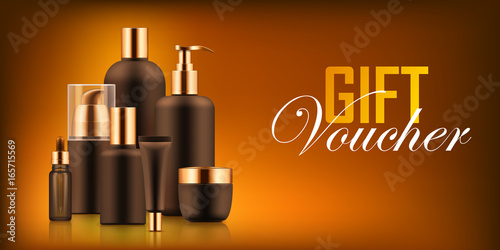 Luxury cosmetic bottle voucher. Fashion and beauty concept. Personal body and hair care gift. Realistic template vector illustration