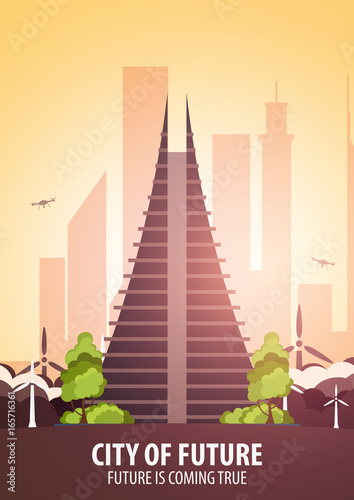 Flat style Modern city houses. Building of future. Architecture of the future.