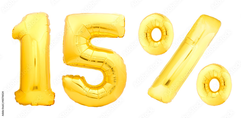 Φωτογραφία Golden fifteen 15 percent made of inflatable balloons isolated on white background