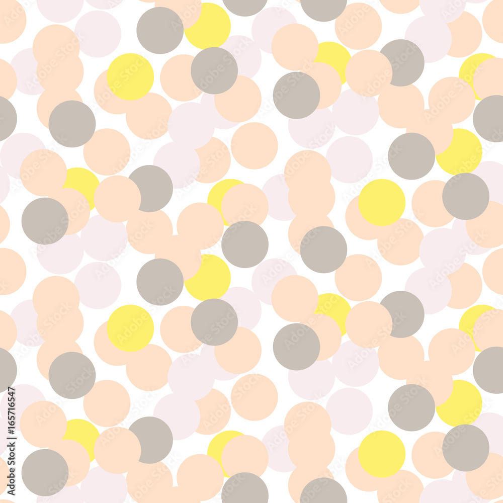 Confetti pale pink and grey seamless vector background. Pastel color bold overlapping dots pattern on white.