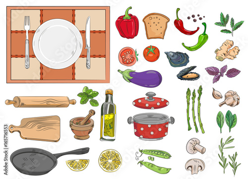 Food cooking set collection mixed. Dishes, vegetables, spices.
