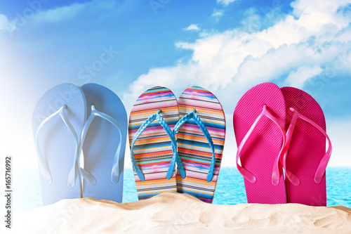 Flip-flops on sea shore. Summer vacation concept