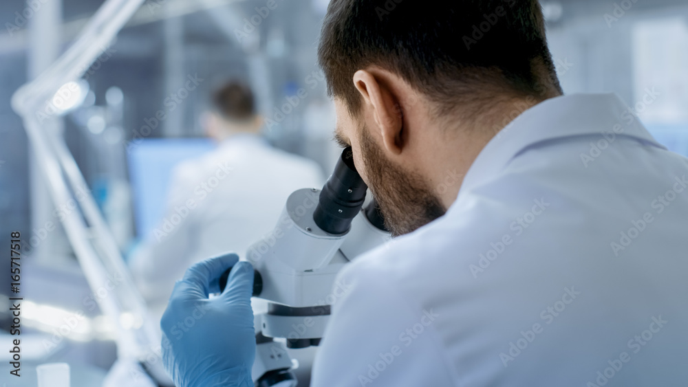 Over the Shoulder View of a Research Scientist Looking into Microscope. He's Conducts Experiments with His Colleagues in Modern Laboratory. Over the Shoulder View of a Research Scientist Looking into Microscope. He's Conducts Experiments with His Colleagues in Modern Laboratory.