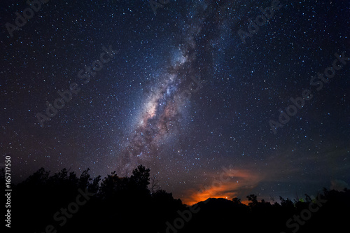 Starry night sky with milky way. Image contain visible noise due to high iso. soft focus due to wide aperture and long expose.