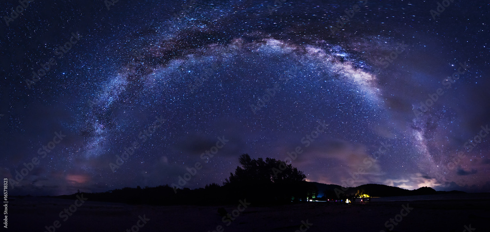 Stitched Panorama night sky with Milky Way. Image contain visible noise due to high ISO. Soft focus due to wide aperture and long expose.