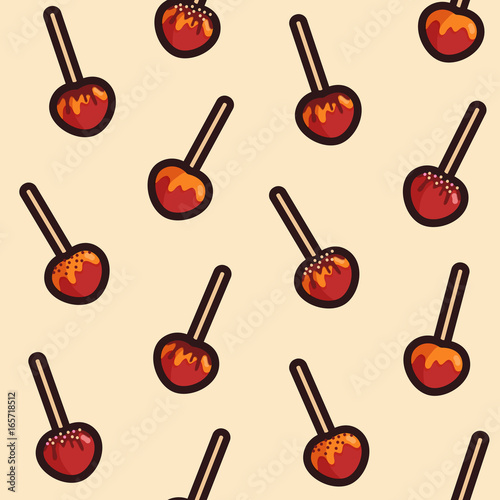 Vector caramelized apples with different toppings seamless pattern on the beige background.