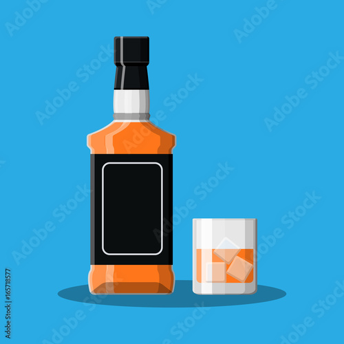 Bottle of bourbon whiskey and glass with ice.