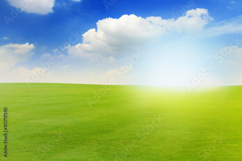 Beautiful landscape of Green meadow under blue sky with white clouds