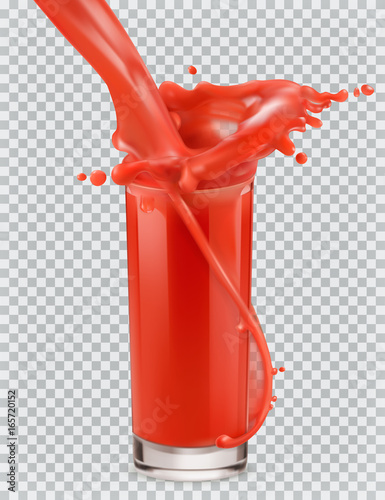 Glass of red juice and a splash. Tomato, Strawberries. 3d realism, vector icon