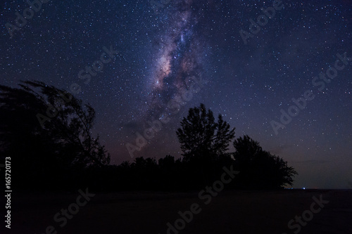 Night sky with Milky Way. Image contain visible noise due to high ISO. Soft focus due to wide aperture and long expose.