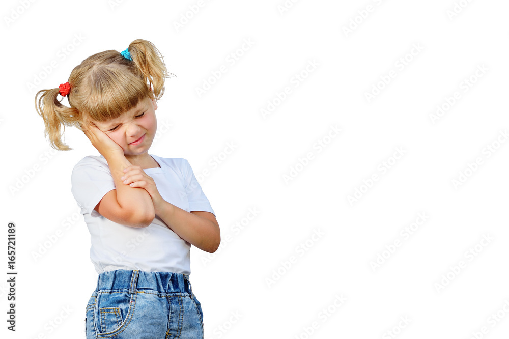 The little girl fell ill. She touches her ears. They hurt. The little girl fell ill. She touches her ears. They hurt.
