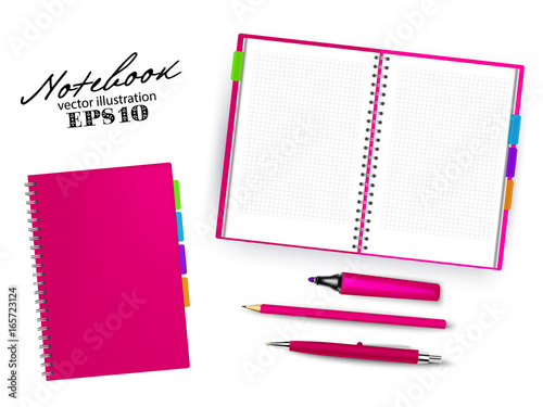 Blank  pink open and closed copybook template with Pen, pencil and permanent marker.Set of vector illustration stationery isolated on white background.
