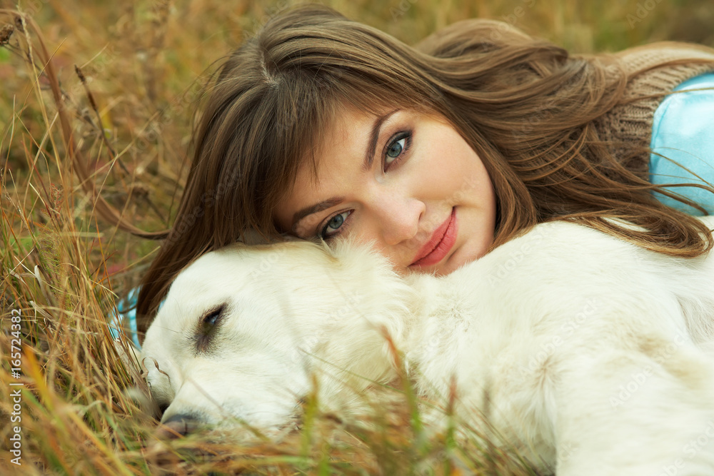 Labrador retriever with owner Labrador retriever with owner