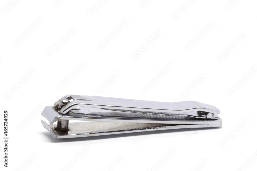 Isolated silver nail clippers, nail trimmer, nail cutter on white background Isolated silver nail clippers, nail trimmer, nail cutter on white background
