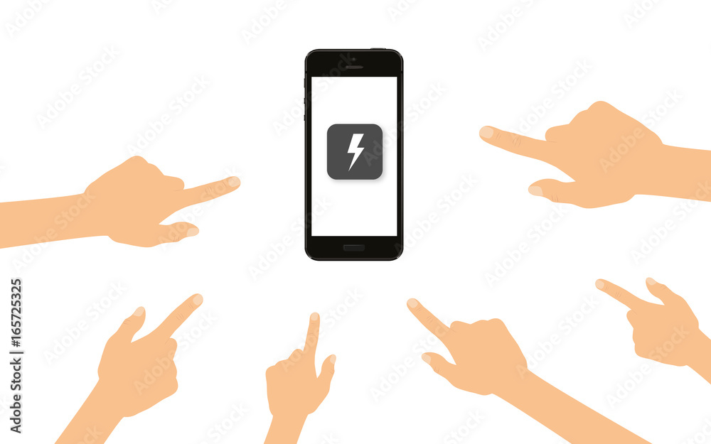 Finger zeigen auf Smartphone mit Blitz
