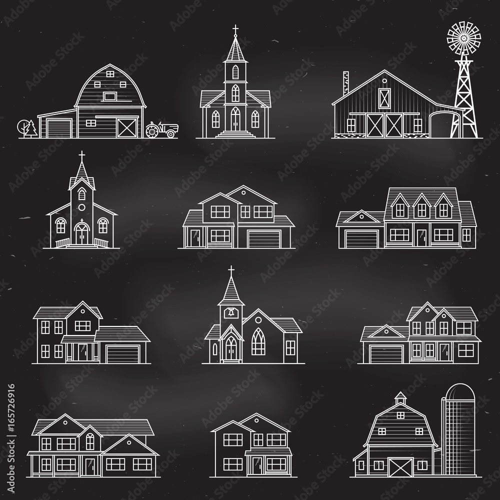 Set of vector thin line icon suburban american houses.