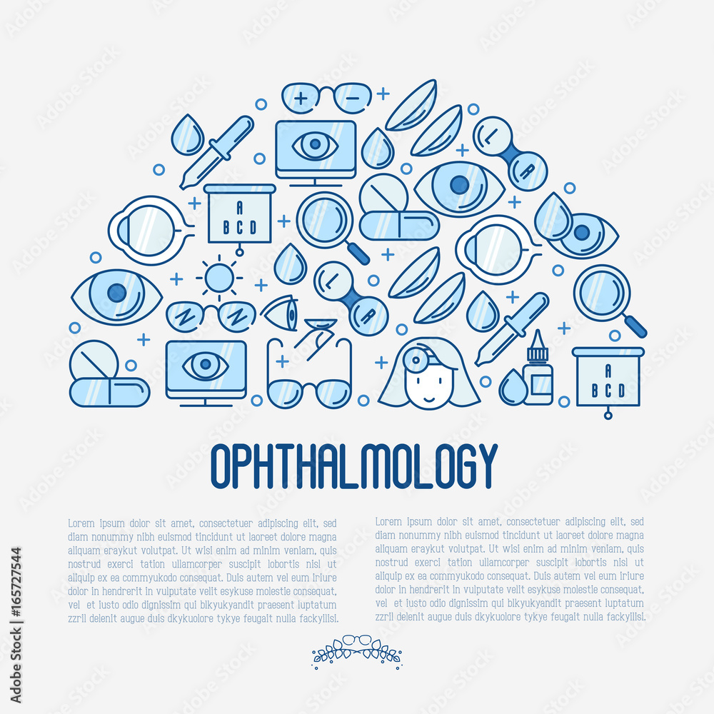 Ophthalmology concept with vision care thin line icons. Vector illustration for banner, web page, print media.
