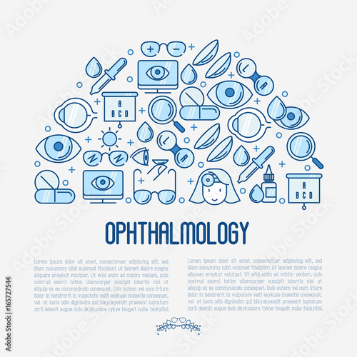 Ophthalmology concept with vision care thin line icons. Vector illustration for banner, web page, print media.