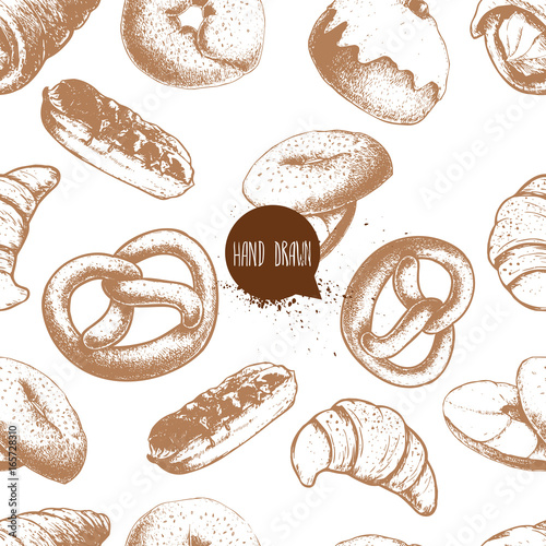 Seamless vector pattern with bakery goods. Cream roll, chocolate eclair, iced cinnamon bun, german pretzel, bagels with cream and croissant.