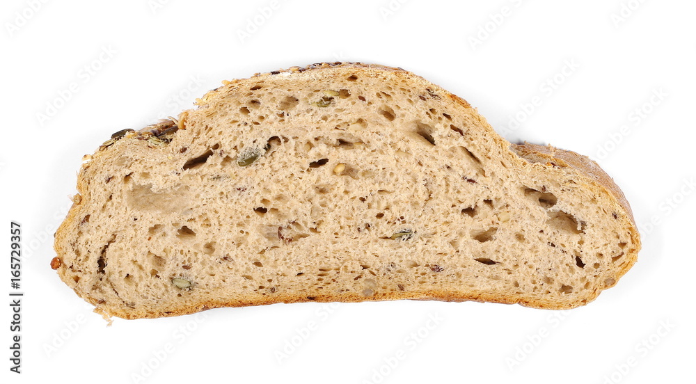 Whole wheat bread slice without additives, isolated on white background, top view Whole wheat bread slice without additives, isolated on white background, top view
