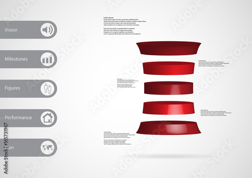 3D illustration infographic template with deformed cylinder horizontally divided to five red slices photo