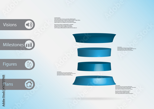 3D illustration infographic template with deformed cylinder horizontally divided to four blue slices