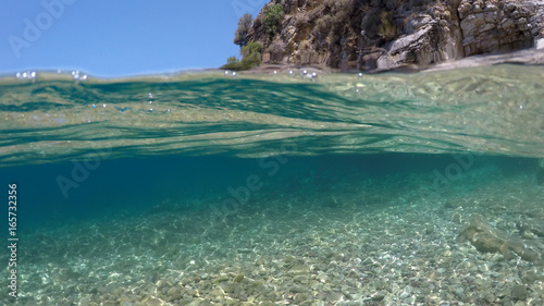 Half underwater close up, background split by waterline, Turkey, Mediterranean Sea,