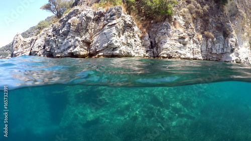 Half underwater close up, background split by waterline, Turkey, Mediterranean Sea,