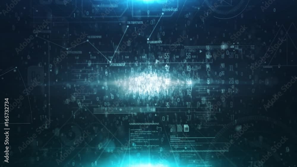 Abstract matrix cube surrounding a source of binary numbers and network Seamless looping Background 
