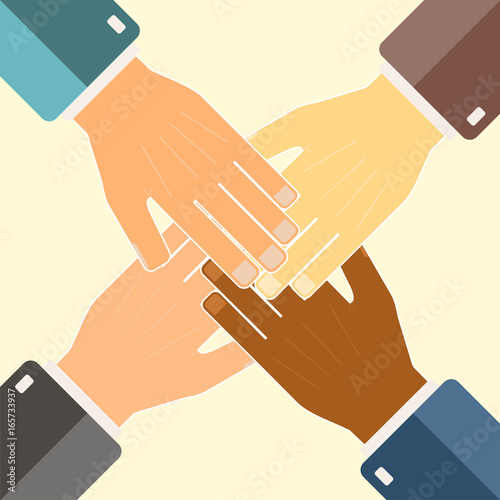 Teamwork concept. Join hands support together. International partnership. Vector illustration.