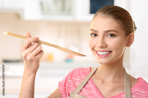 Blurred kitchen interior in...